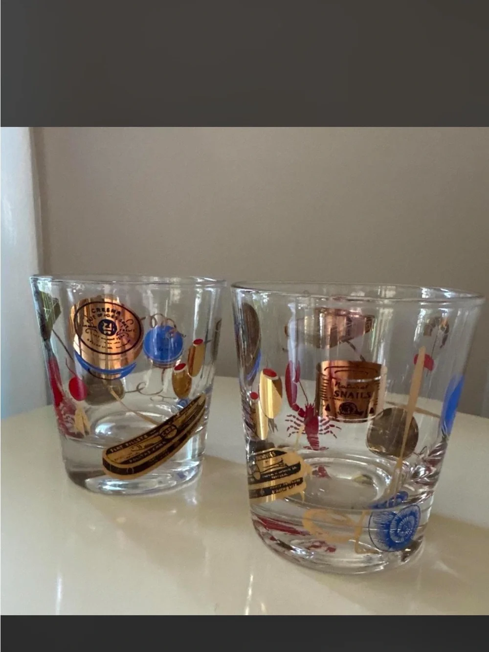vintage mcm tinned fish themed cocktail glasses